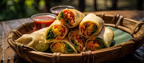 Two tasty Ugandan Rolex Rolls with omelette, vegetables, wrapped in chapati, served on a woven basket.