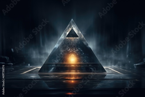 A triangle with a light at the end of it. Mystical pyramid, a structure associated with supernatural or mystical beliefs. photo