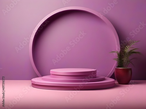 photo Round purple podium with purple background and pink table top 