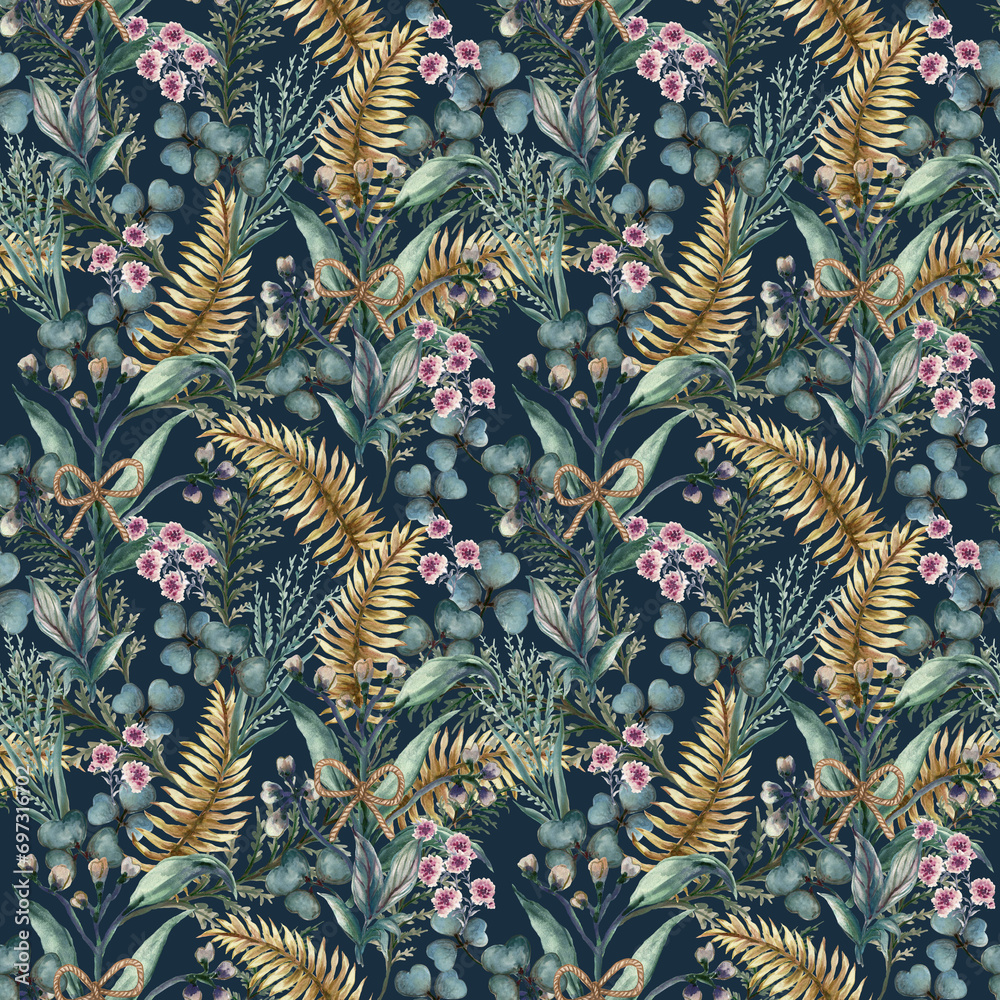 Naklejka premium Flower botanical seamless repeat pattern. Garden greenery and foliage leaves