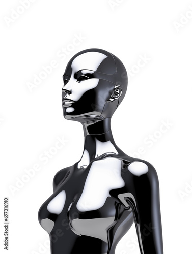 Futuristic chrome woman mannequin isolated. Shiny gloss metal human sculpture. Y2K liquid metal music poster photo