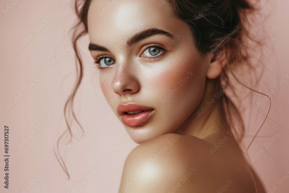 Naklejka premium Beauty skin care face model looking at the camera isolated on pastel pink background