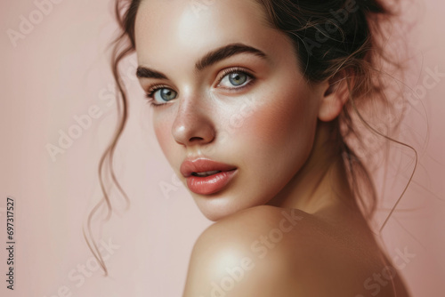 Beauty skin care face model looking at the camera isolated on pastel pink background
