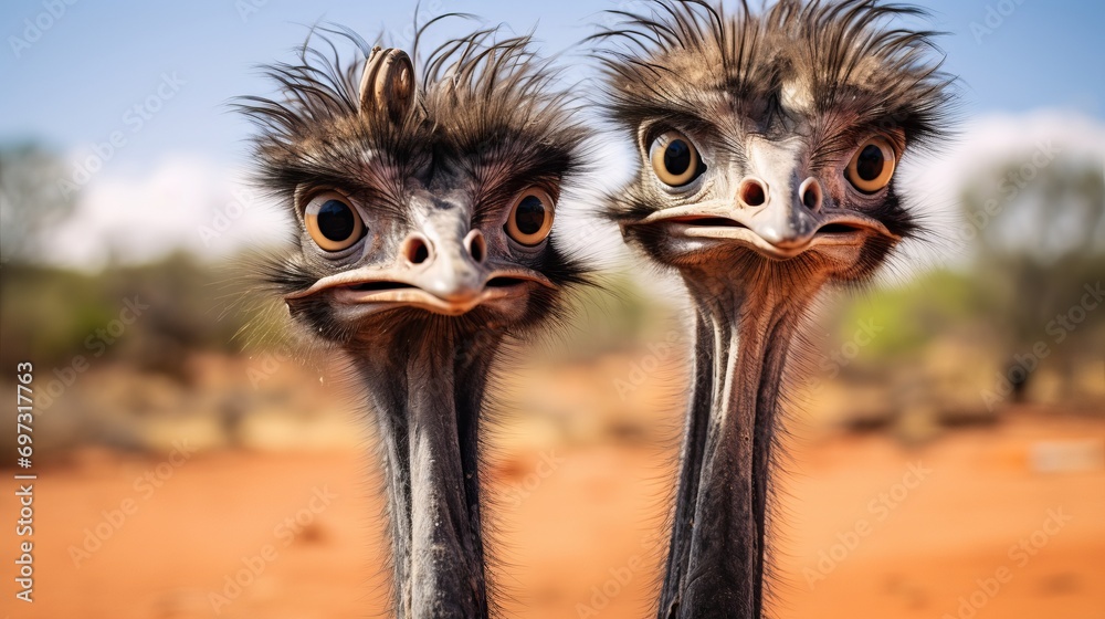 The ostrich is a grim and stearn-looking bird with its feathers sticking up. - obrazy, fototapety, plakaty 