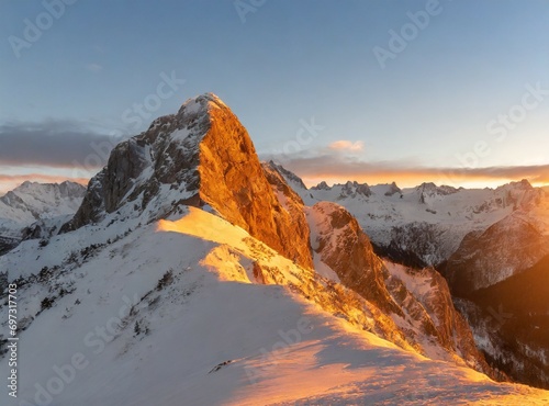 Top of the mountain on winter. Snow landscape, snow covered mountains at golden hour/sunset.