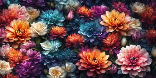 Colorful background of many bright flowers of different types. Nature illustration. Generative AI photo