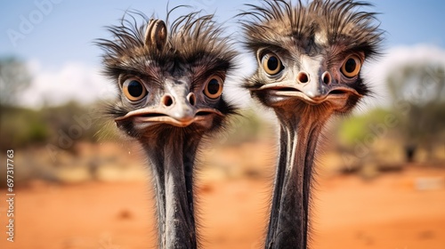 The ostrich is a grim and stearn-looking bird with its feathers sticking up. photo