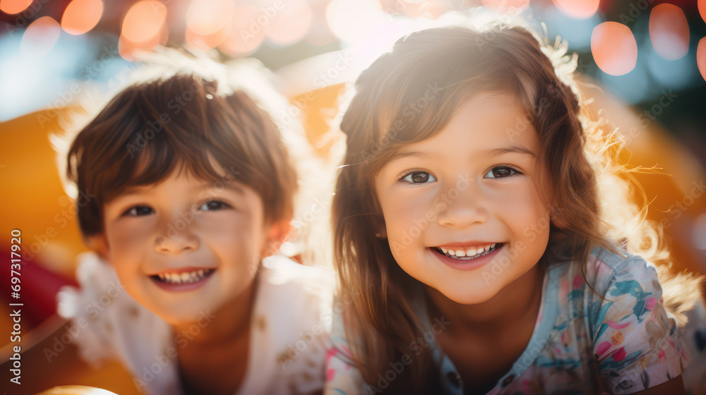 Joyful caucasian Kids on Inflatable Bounce House - Happy Asian Boy and Girl Enjoying Playtime Fun.