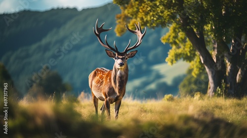 The pasture is home to deer grazing during daylight hours.