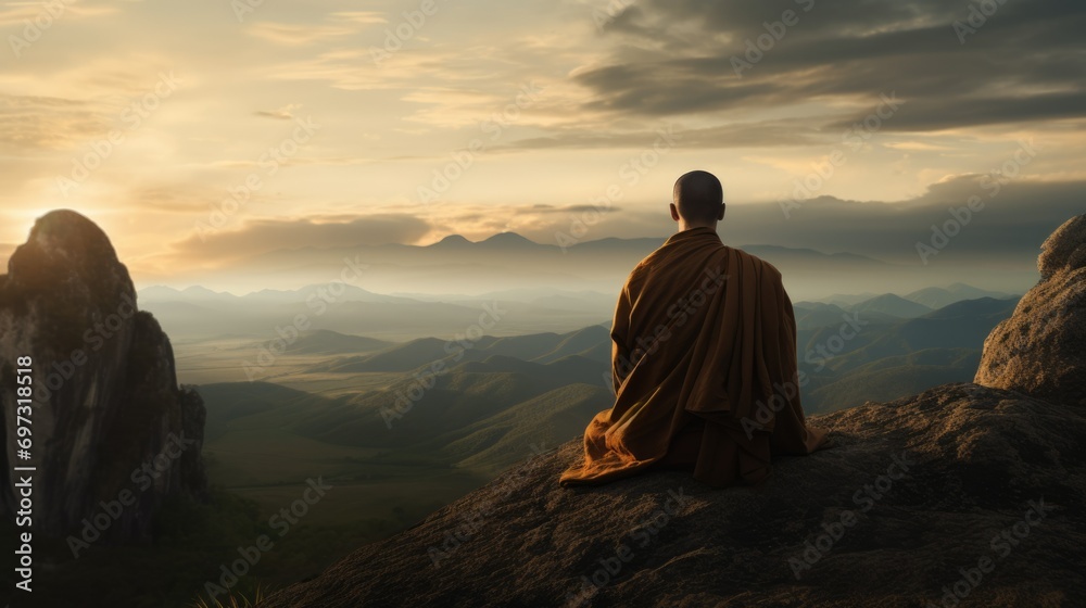 Buddhist monk man meditating. Calm beautiful mountains landscape. Buddhism religion. Person sit in lotus pose. Zen yoga practice. Peaceful nature beauty. Asian spiritual asana. Asia culture harmony. - obrazy, fototapety, plakaty 