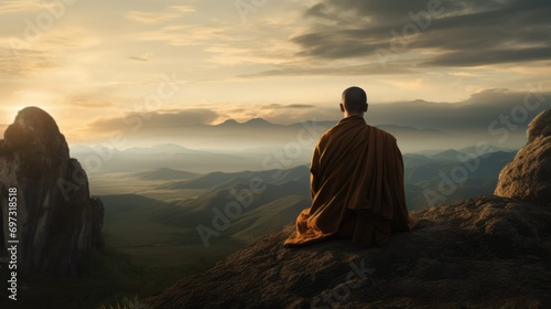 Buddhist monk man meditating. Calm beautiful mountains landscape. Buddhism religion. Person sit in lotus pose. Zen yoga practice. Peaceful nature beauty. Asian spiritual asana. Asia culture harmony.