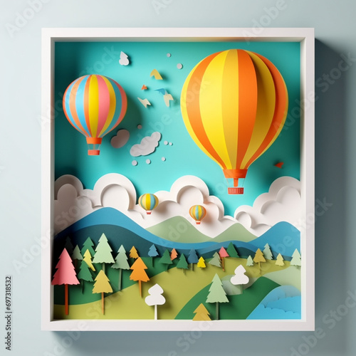 Generative AI illustrations, Flying Paper cut balloons. Colorful Greeting card