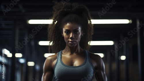 A young curly-haired African American girl in sports clothes occupying a gym. Exercise equipment, running. Fitness and sports © Alena