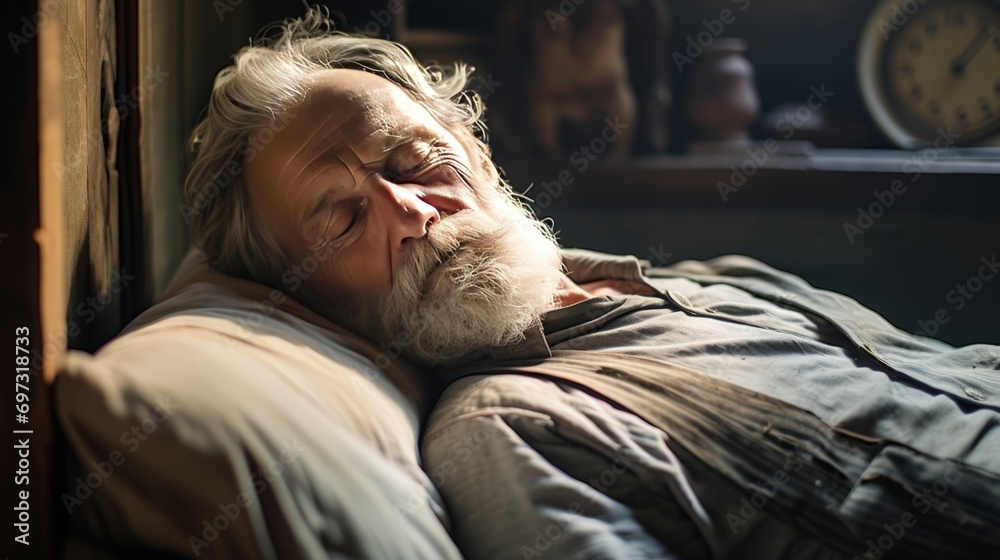 Fototapeta premium elderly bearded man sleeping on a bed, close-up. The problem of sleep in the elderly. Sleep Quality