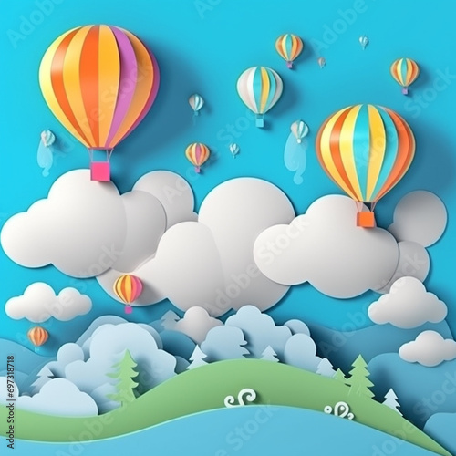 Generative AI illustrations  Flying Paper cut balloons. Colorful Greeting card