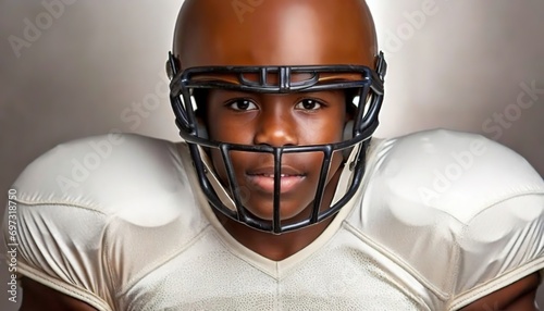 Focused Football Player Ready for the Super Bowl Game. Determination in His Eyes - A Portrait of a Young Athlete Geared Up for the Super Bowl photo