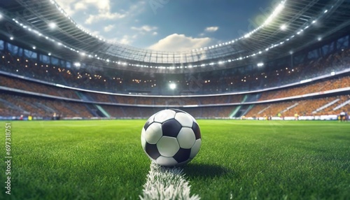 Soccer Ball Center Field with Stadium Lights Ablaze. A classic soccer ball is positioned in the center of a lush green field with an imposing stadium and its lights surrounding it