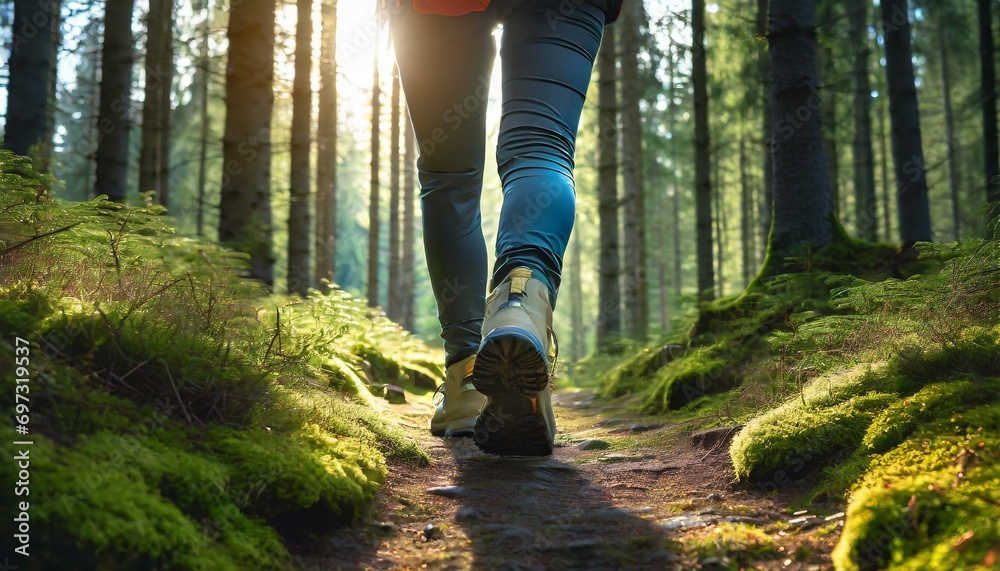 Hiker hiking up a mountain trail with a close-up of his hiking boots. The hiker shown in motion, with one foot lifted off the ground and the other planted on the mountain trail. Generative AI Hiker hiking up a mountain trail with a close-up of his hiking boots. The hiker shown in motion, with one foot lifted off the ground and the other planted on the mountain trail. Generative AI