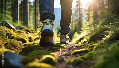 Hiker hiking up a mountain trail with a close-up of his hiking boots. The hiker shown in motion, with one foot lifted off the ground and the other planted on the mountain trail. Generative AI