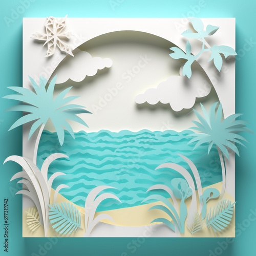 Generative AI illustrations, Abstract paper art of summer sea scenery with sea water splashing and beach.