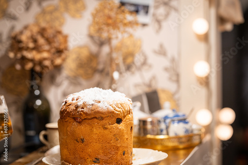 Traditional italian panettone. Panettone with candied fruits, traditional christmas bread.  Soft focus.