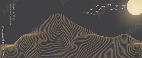 Vector abstract art landscape mountain with birds and sunrise sunset by golden line art texture isolated on dark grey black background. Minimal luxury style for wallpaper, wall art decoration.