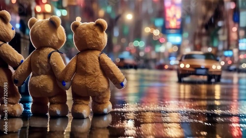 Three teddy bears walking hand in hand on a rainy urban street, with two adult bears escorting a smaller bear in the middle.
 photo