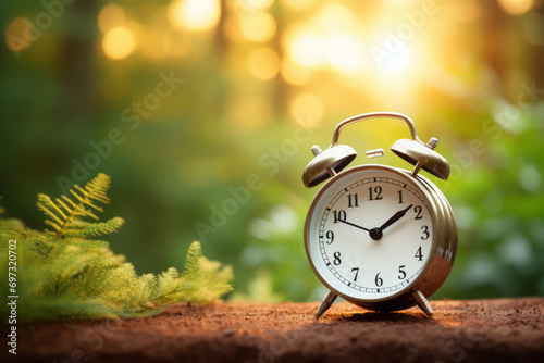 Alarm clock against blurred background of the summer forest. Time concept