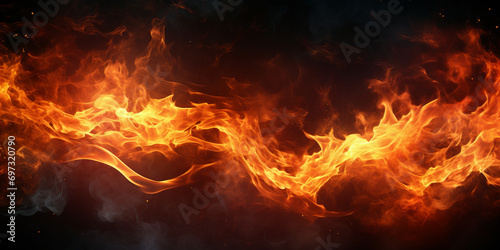 Abstract fire flame and particles on black background. Wide template or banner, creative design with copyspace