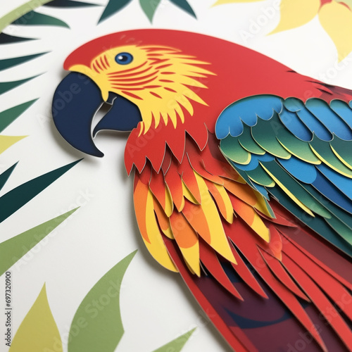 Generative AI illustrations, Cartoon parrot bird in trendy paper cut craft graphic style.