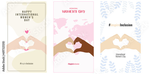 International women's day 8 march 2024 Inspire Inclusion campaign vector illustration greeting card, banner, social media stories template set. 
