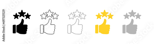 icon with three stars and a thumbs up. Great feedback and customer reviews. Thin line illustration. Rating. Customer satisfaction. Outline symbol. vector eps10