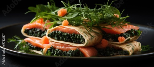 Vertical view of rolled black pancakes with salmon, red caviar, spinach, and arugula.