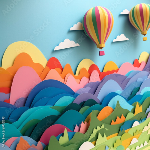 Generative AI ilustrations, Origami made colorful hot air balloon and cloud, paper art and digital craft style.