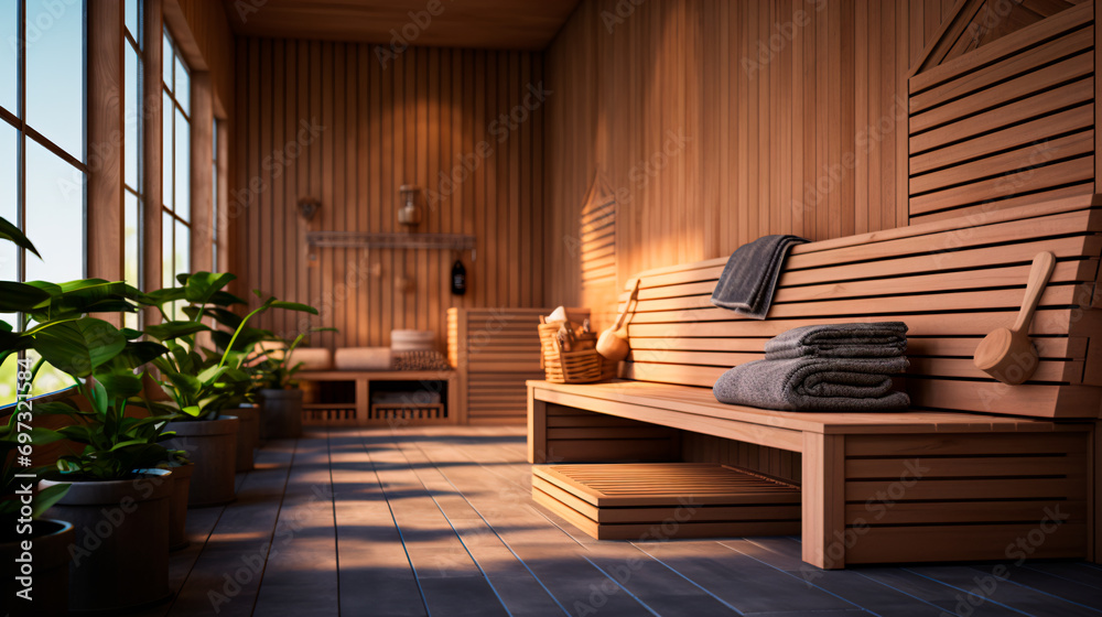 interior of a wooden sauna, with chairs, towels, tables and plants