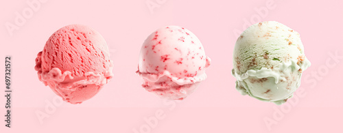 Three Ice Cream Scoops Of Sweet Icecream In Row Wide Panoramic Banner On Plain Pink Background photo