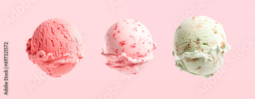 Three Ice Cream Scoops Of Sweet Icecream In Row Wide Panoramic Banner On Plain Pink Background