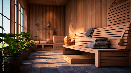 interior of a wooden sauna  with chairs  towels  tables and plants