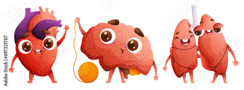 Set of human organs characters in cartoon style. A welcoming waving heart. Couple of lungs in love and hugging. The brain with a surprised face, pulls the thread from a tangle of tangled thoughts.