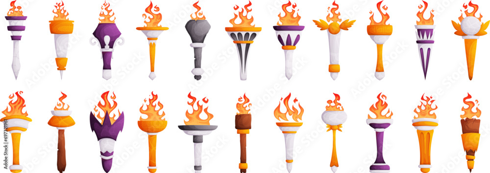 Set of Medieval torches with burning flames. Antique stone, marble ...