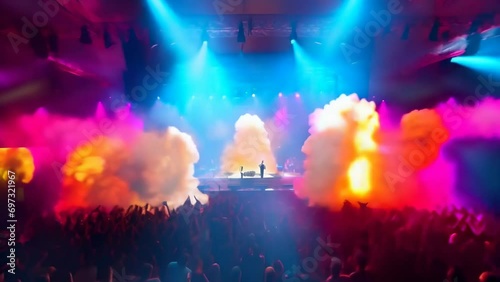 Live concert with bright stage lights and smoke, DJ performing in front of an enthusiastic crowd. Concept: music events, festivals and club culture
 photo