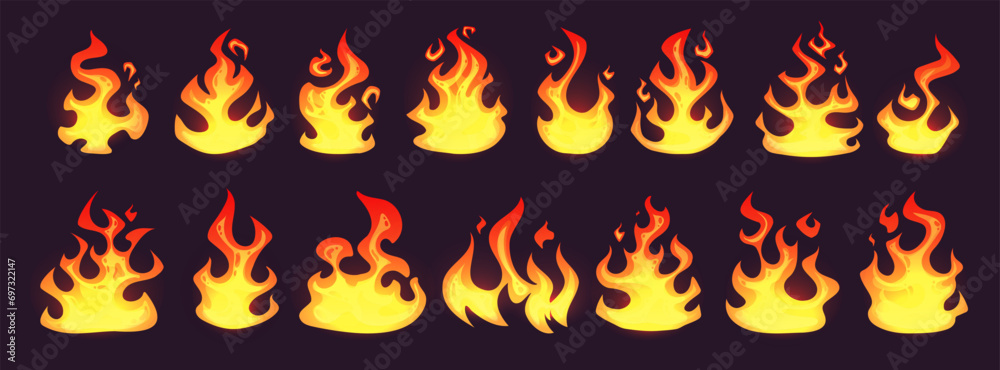 Set of red and orange flames. Collection of hot glowing element. Fire, a symbol of energy and strength. Vector illustration in cartoon style.