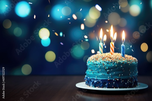 Colorful birthday cake with candles. isolated on bokeh background, Ai Generated