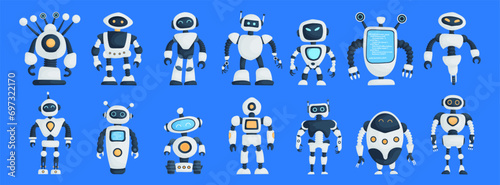 Big Set of Modern Robots Isolated on Blue Background Cute Character Cartoon Artificial Intelligence Concept Flat Vector Illustration