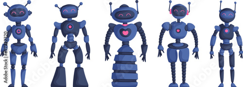 Set of five robot girls isolated on white background. Blue Characters Artificial Intelligence Concept Flat Vector Illustration.