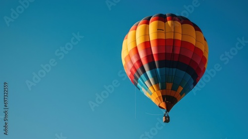 A colorful hot air balloon floating in a clear blue sky.
