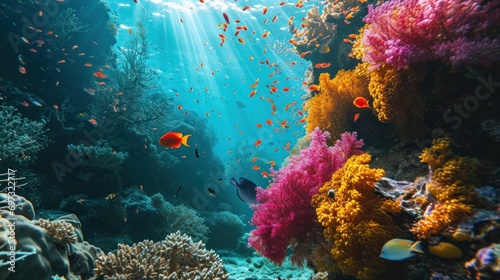 A vibrant coral reef underwater with colorful fish and marine life.