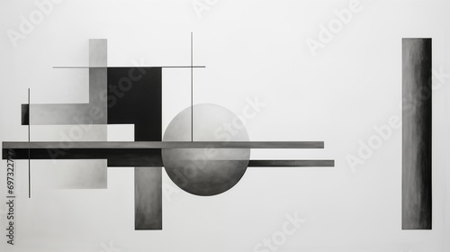 Abstract composition, an exploration of geometric shapes and forms using grayscale tones, minimal lines, and subtle gradients to evoke depth and dimensionality photo