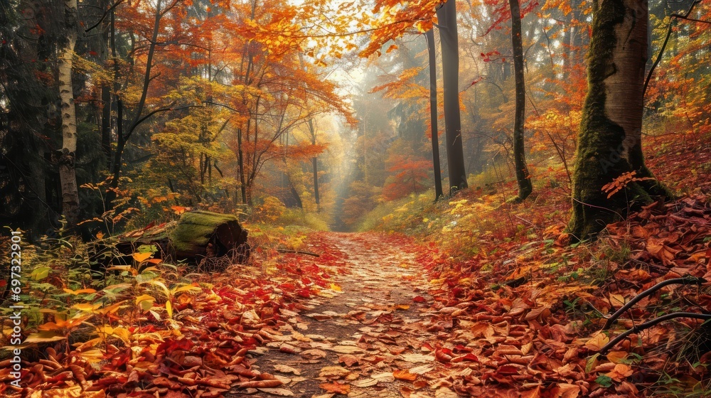 Autumn forest path with colorful fallen leaves