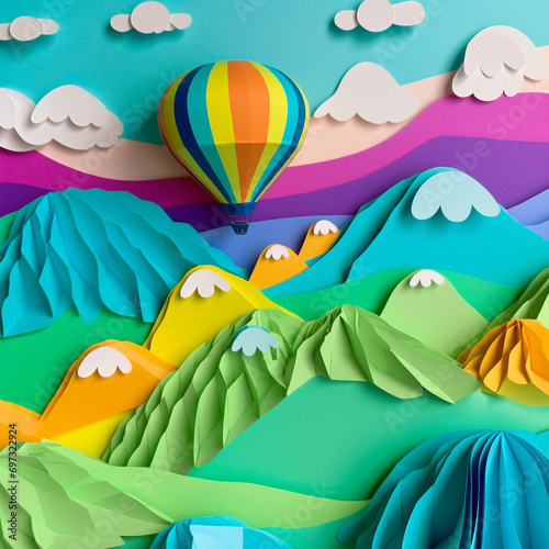 Generative AI illustrations, Flying Paper cut balloons. Colorful Happy Birthday Greeting card